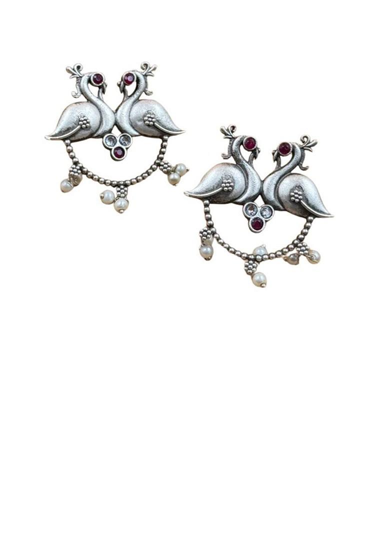 Silver Plated Stones Studded And Beaded Animal Shaped Oxidised Drop Earrings