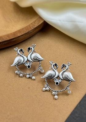 Silver Plated Stones Studded And Beaded Peacock Shaped Oxidised Drop Earrings