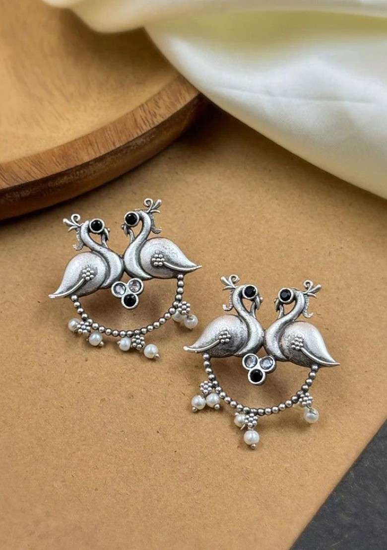 Silver Plated Stones Studded And Beaded Peacock Shaped Oxidised Drop Earrings - Indya