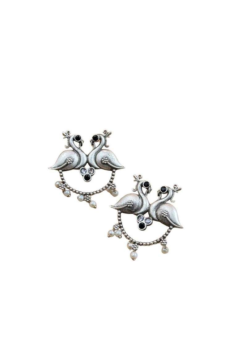 Silver Plated Stones Studded And Beaded Peacock Shaped Oxidised Drop Earrings - Indya