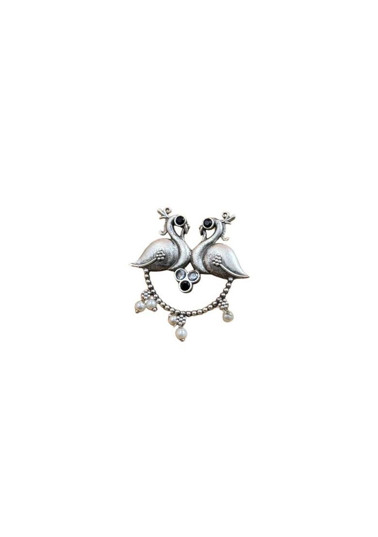 Silver Plated Stones Studded And Beaded Peacock Shaped Oxidised Drop Earrings