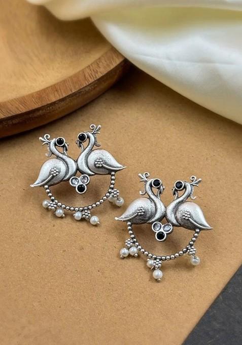 Silver Plated Stones Studded And Beaded Peacock Shaped Oxidised Drop Earrings