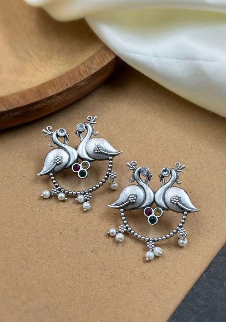 Silver Plated Stones Studded And Beaded Peacock Shaped Oxidised Drop Earrings - Indya