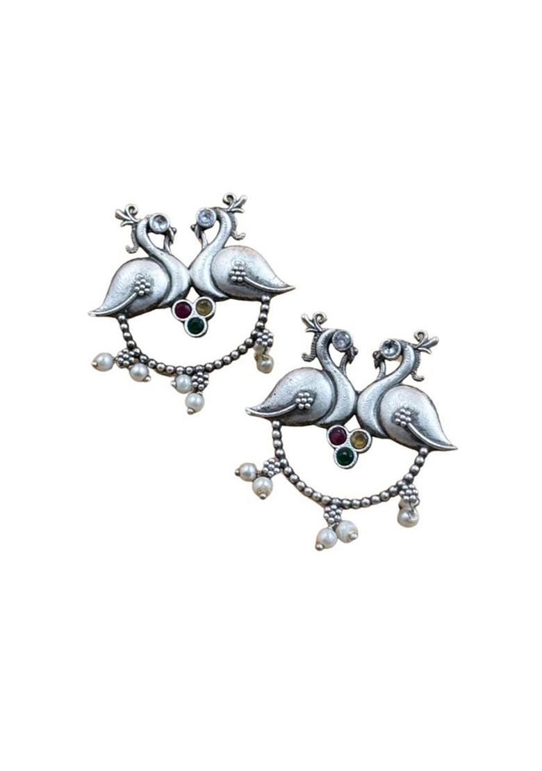 Silver Plated Stones Studded And Beaded Peacock Shaped Oxidised Drop Earrings