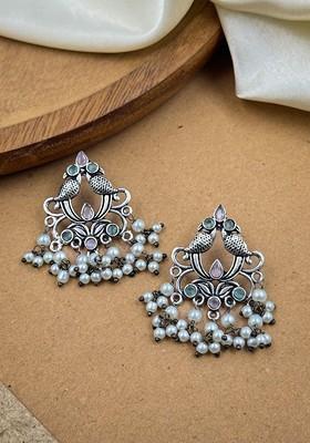 Silver Plated Artificial Stones And Beads Oxidised Contemporary Drop Earrings