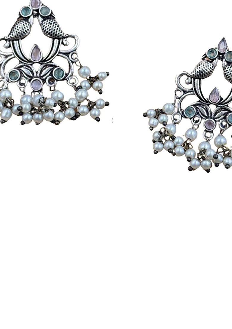 Silver Plated Artificial Stones And Beads Oxidised Contemporary Drop Earrings