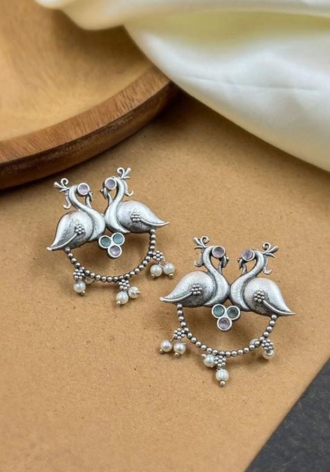 Silver Plated Artificial Stones Studded Animal Shaped Oxidised Drop Earrings