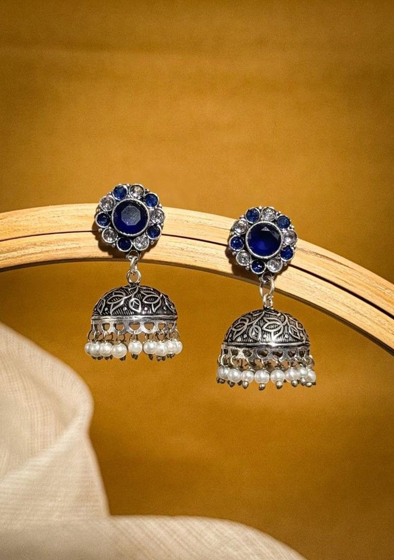 Silver Plated Artificial Stones Studded And Beaded Dome Shaped Oxidised Jhumkas