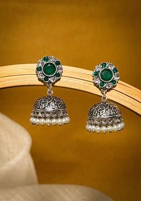 Silver Plated Artificial Stones Studded And Beaded Dome Shaped Oxidised Jhumkas