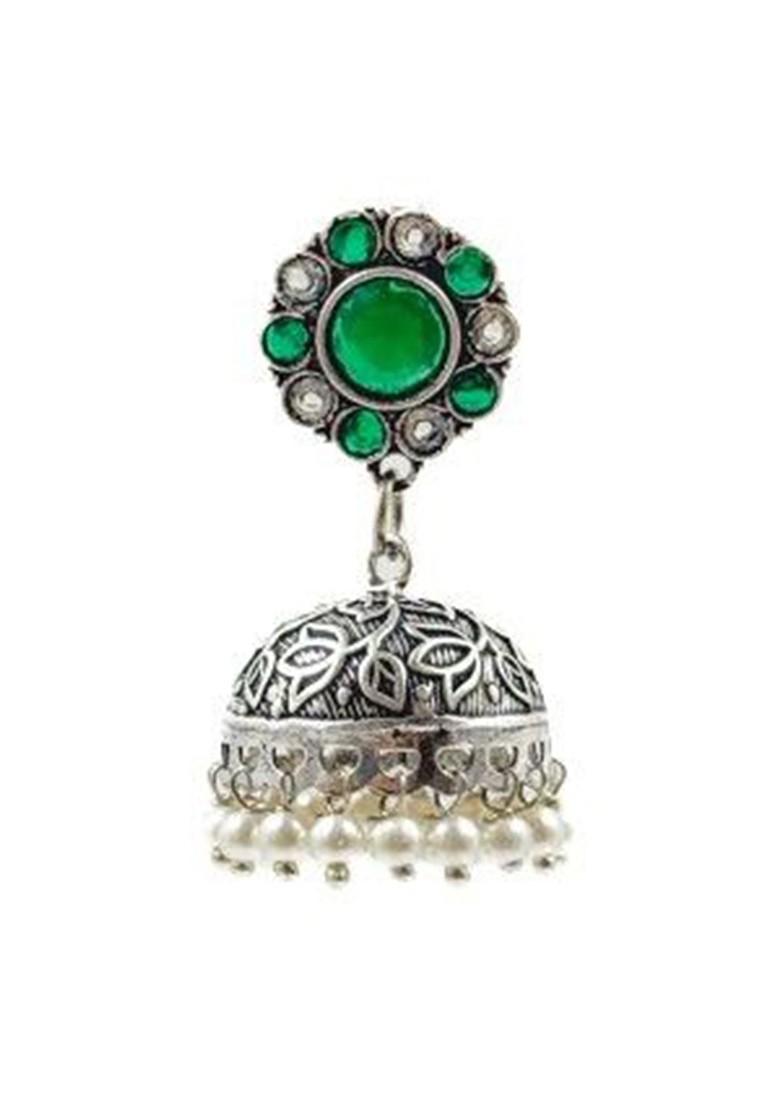 Silver Plated Artificial Stones Studded And Beaded Dome Shaped Oxidised Jhumkas