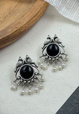 Silver Plated Stones Studded And Beaded Animal Shaped Oxidised Drop Earrings