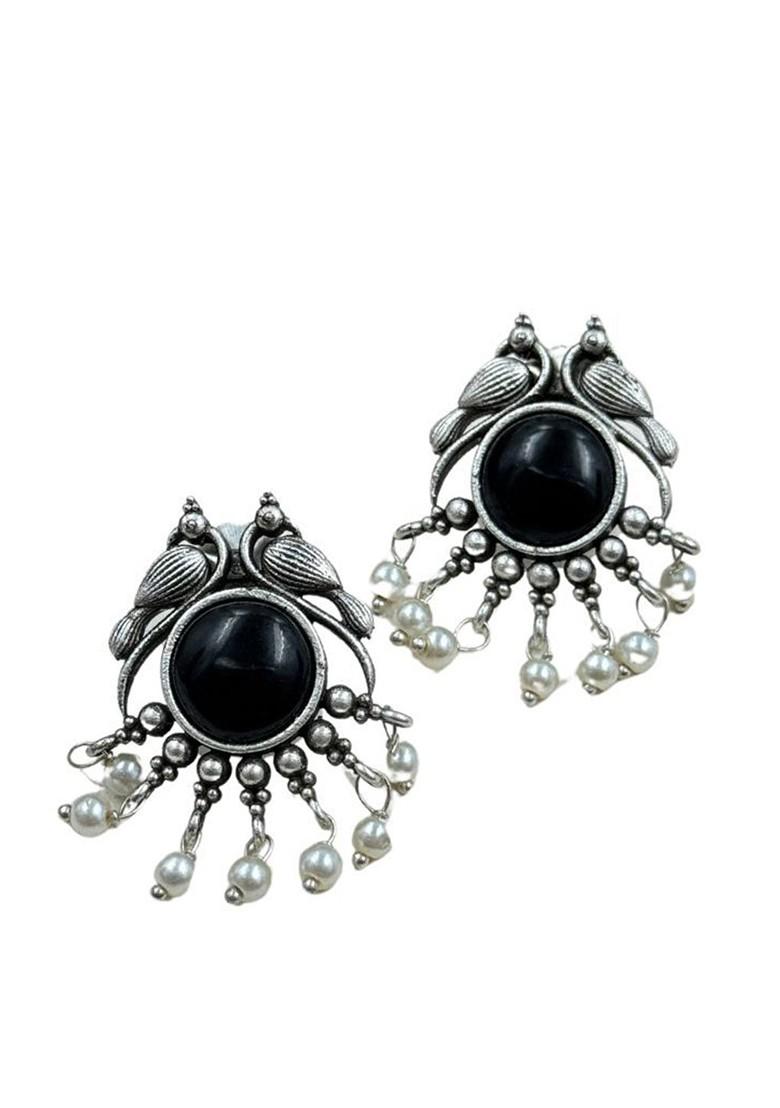 Silver Plated Stones Studded And Beaded Animal Shaped Oxidised Drop Earrings