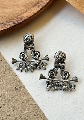 Silver Plated Artificial Beaded Contemporary Shaped Drop Earrings