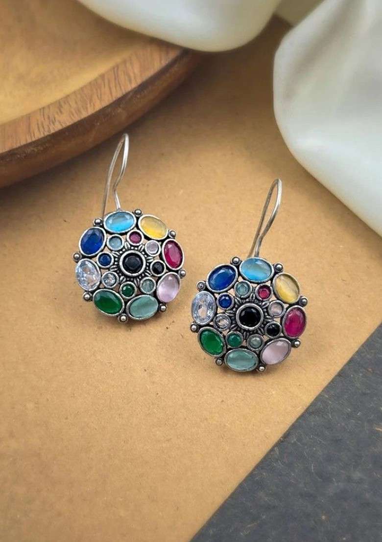 Silver Plated Artificial Stones Studded Floral Shaped Oxidised Drop Earrings - Indya