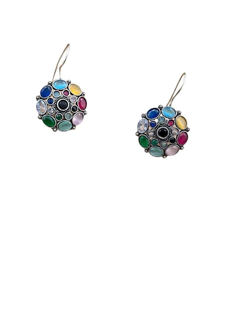 Silver Plated Artificial Stones Studded Floral Shaped Oxidised Drop Earrings - Indya