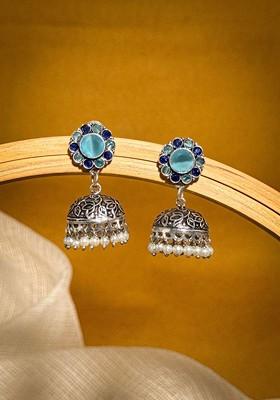 Silver Plated Artificial Stones Studded And Beaded Dome Shaped Oxidised Jhumkas