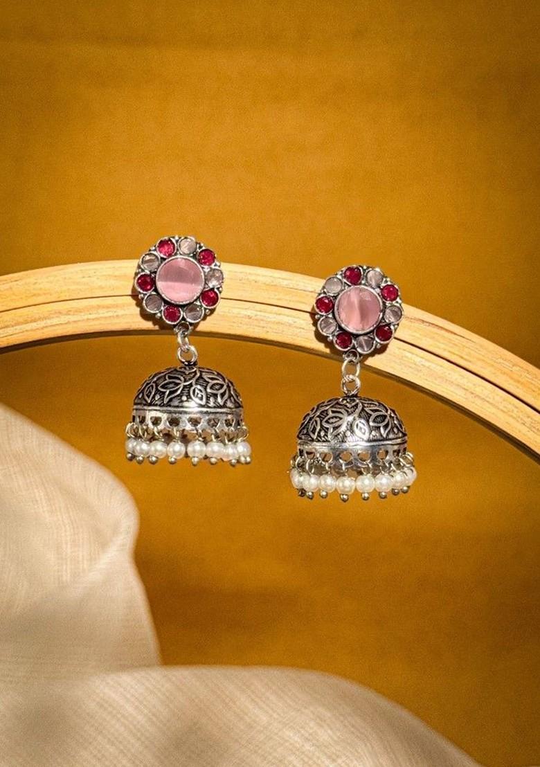 Silver Plated Artificial Stones Studded And Beaded Dome Shaped Oxidised Jhumkas