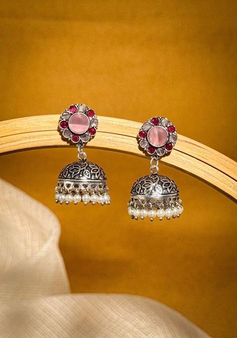 Silver Plated Artificial Stones Studded And Beaded Dome Shaped Oxidised Jhumkas