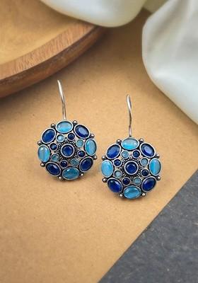 Silver Plated Artificial Stones Studded Floral Shaped Oxidised Drop Earrings