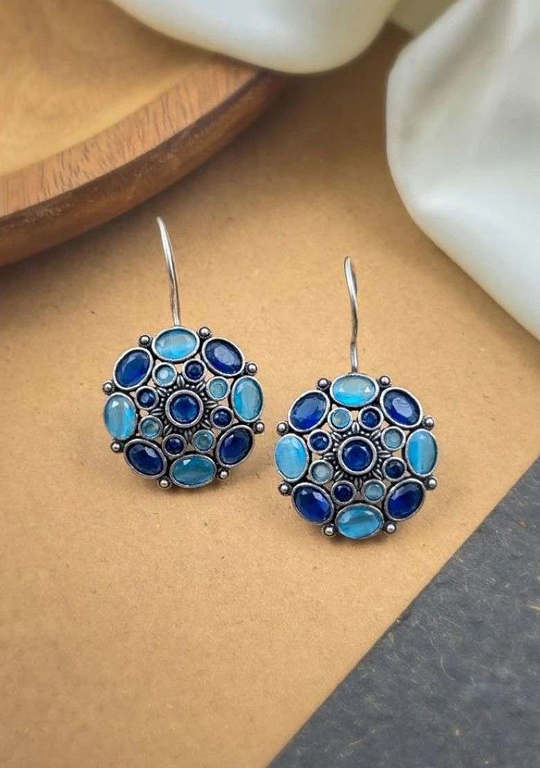Silver Plated Artificial Stones Studded Floral Shaped Oxidised Drop Earrings - Indya