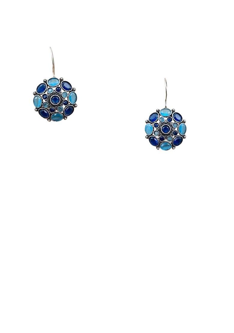 Silver Plated Artificial Stones Studded Floral Shaped Oxidised Drop Earrings