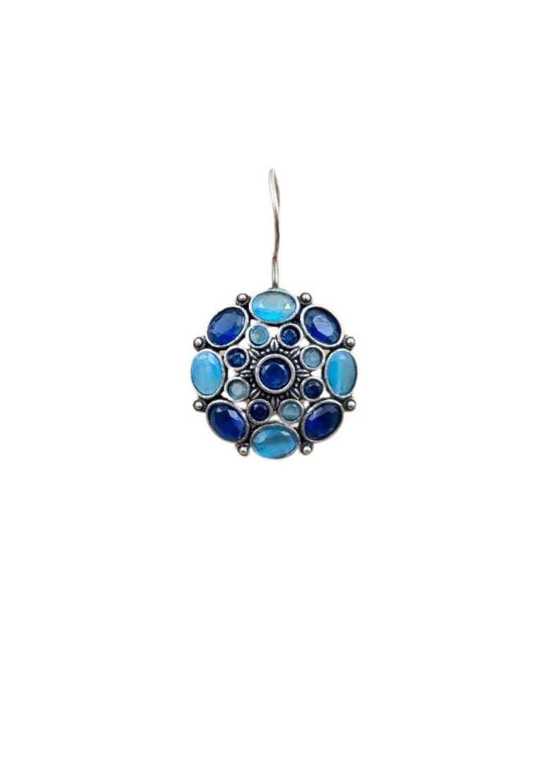 Silver Plated Artificial Stones Studded Floral Shaped Oxidised Drop Earrings - Indya