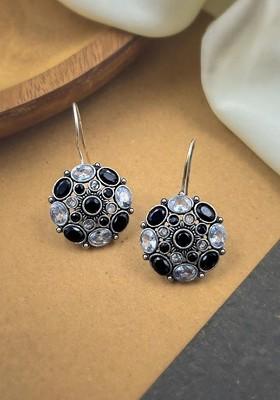 Silver Plated Artificial Stones Studded Circular Shaped Oxidised Drop Earrings