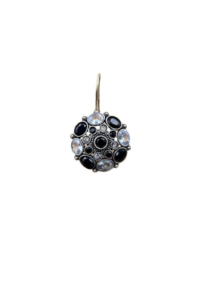 Silver Plated Artificial Stones Studded Circular Shaped Oxidised Drop Earrings