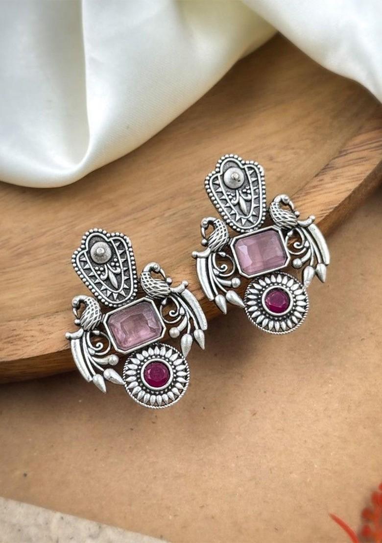 Silver Plated Artificial Stones And Beads Oxidised Contemporary Drop Earrings