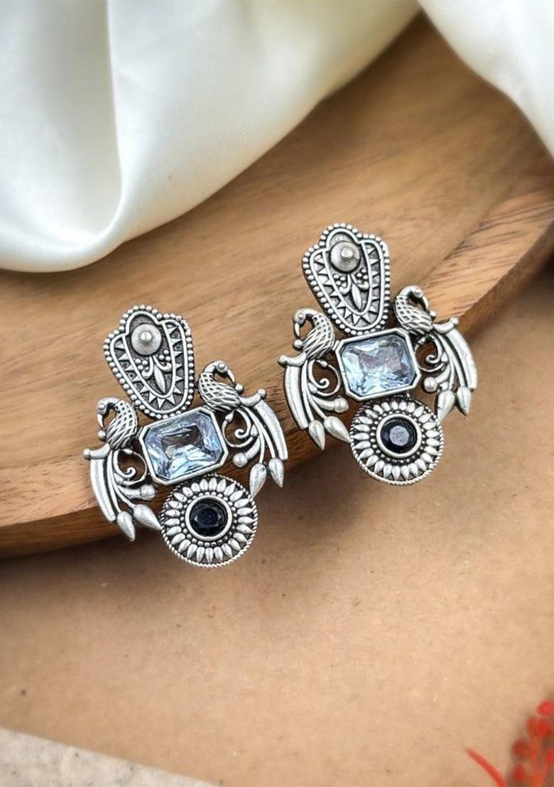 Silver Plated Artificial Stones And Beads Oxidised Contemporary Drop Earrings