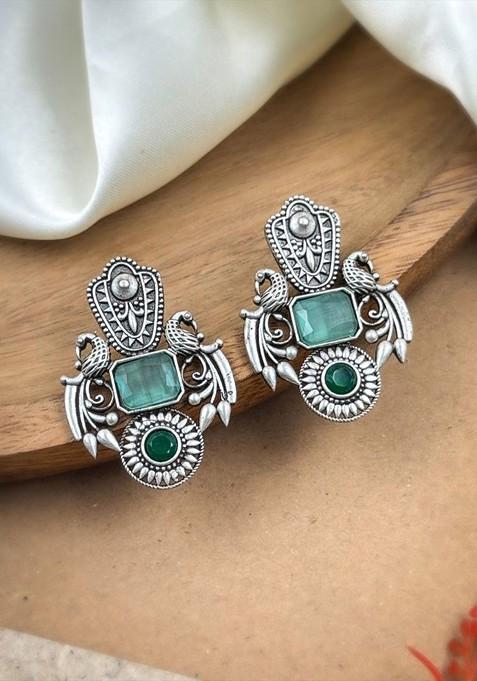 Silver Plated Artificial Stones And Beads Oxidised Contemporary Studs