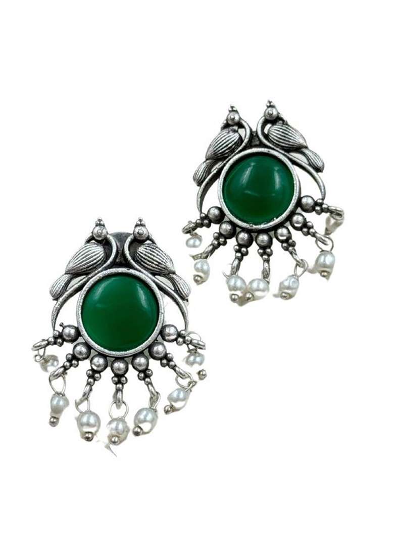 Silver Plated Stones Studded And Beaded Animal Shaped Oxidised Drop Earrings - Indya