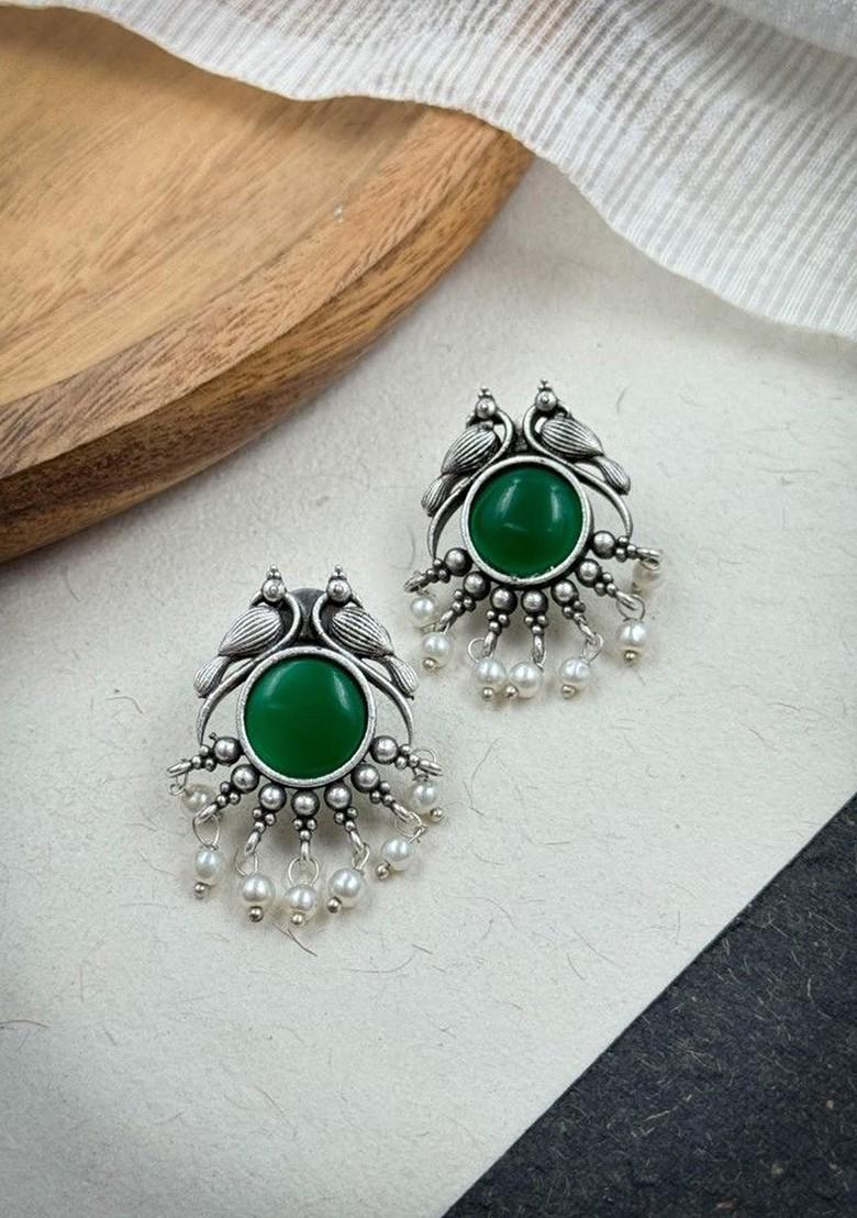 Silver Plated Stones Studded And Beaded Animal Shaped Oxidised Drop Earrings