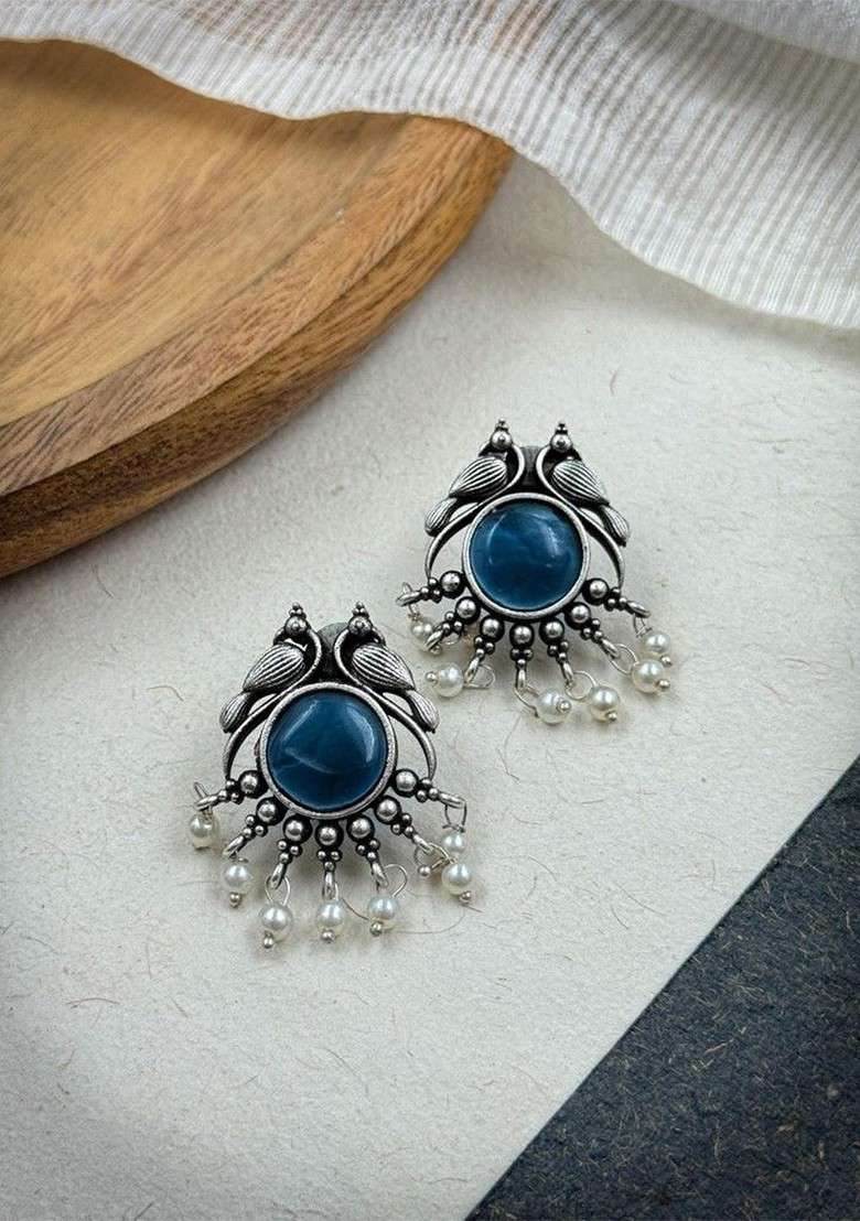 Gold Plated Stones Studded And Beaded Animal Shaped Oxidised Drop Earrings - Indya