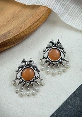 Silver Plated Stones Studded And Beaded Animal Shaped Oxidised Drop Earrings