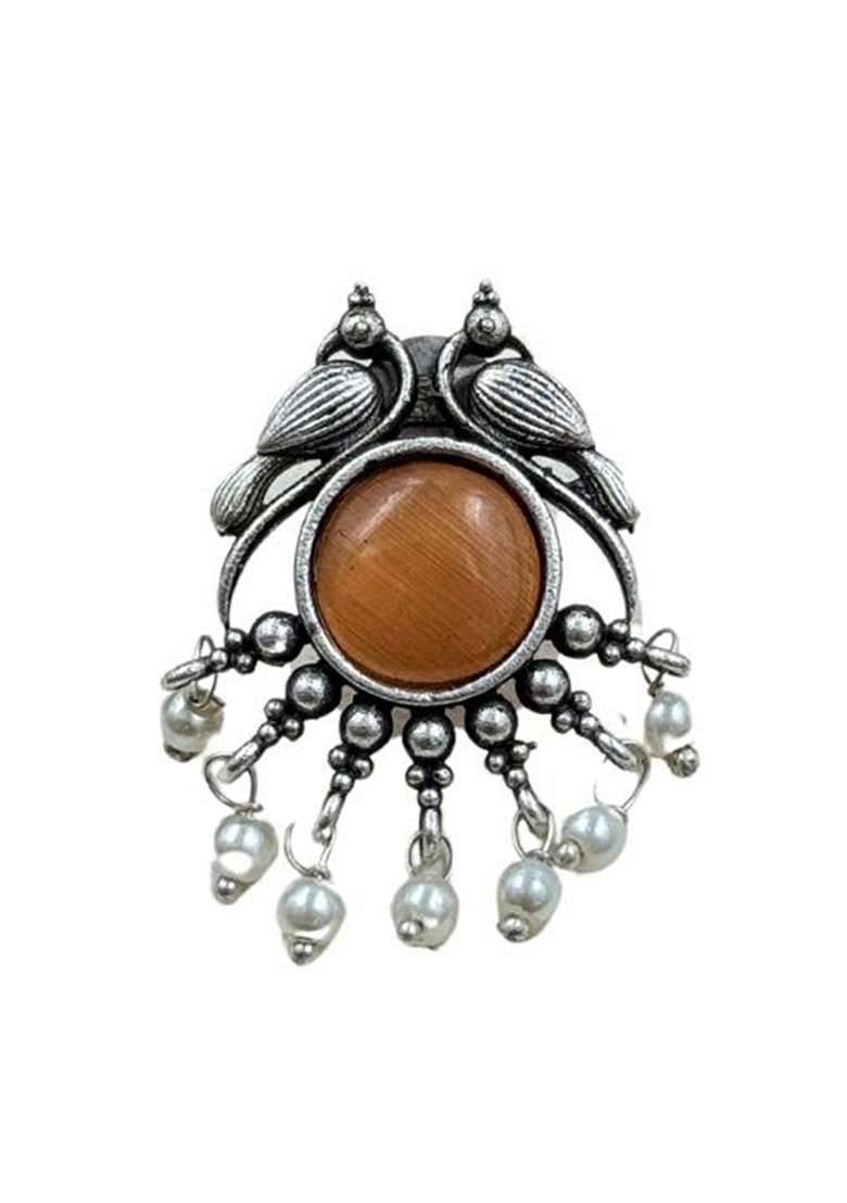Silver Plated Stones Studded And Beaded Animal Shaped Oxidised Drop Earrings - Indya