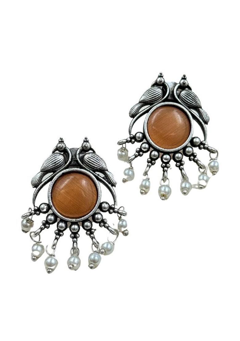 Silver Plated Stones Studded And Beaded Animal Shaped Oxidised Drop Earrings