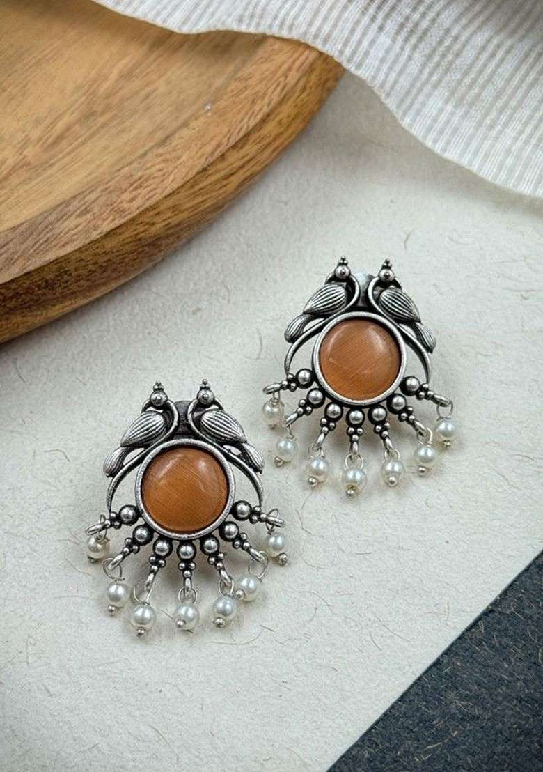Silver Plated Stones Studded And Beaded Animal Shaped Oxidised Drop Earrings - Indya