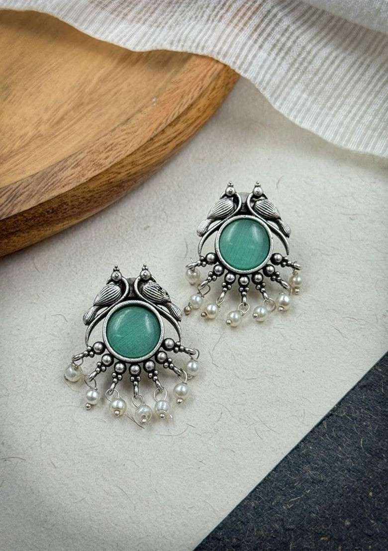Silver Plated Stones Studded And Beaded Animal Shaped Oxidised Drop Earrings - Indya