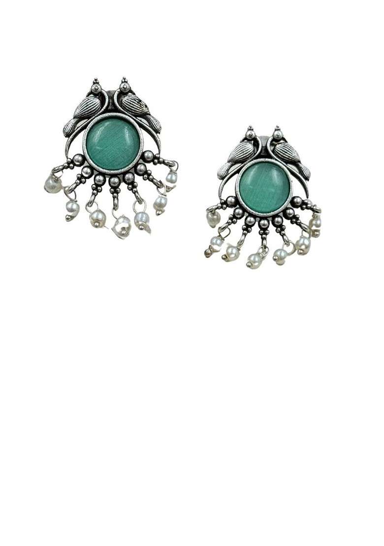 Silver Plated Stones Studded And Beaded Animal Shaped Oxidised Drop Earrings - Indya