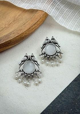 Silver Plated Stones Studded And Beaded Animal Shaped Oxidised Drop Earrings