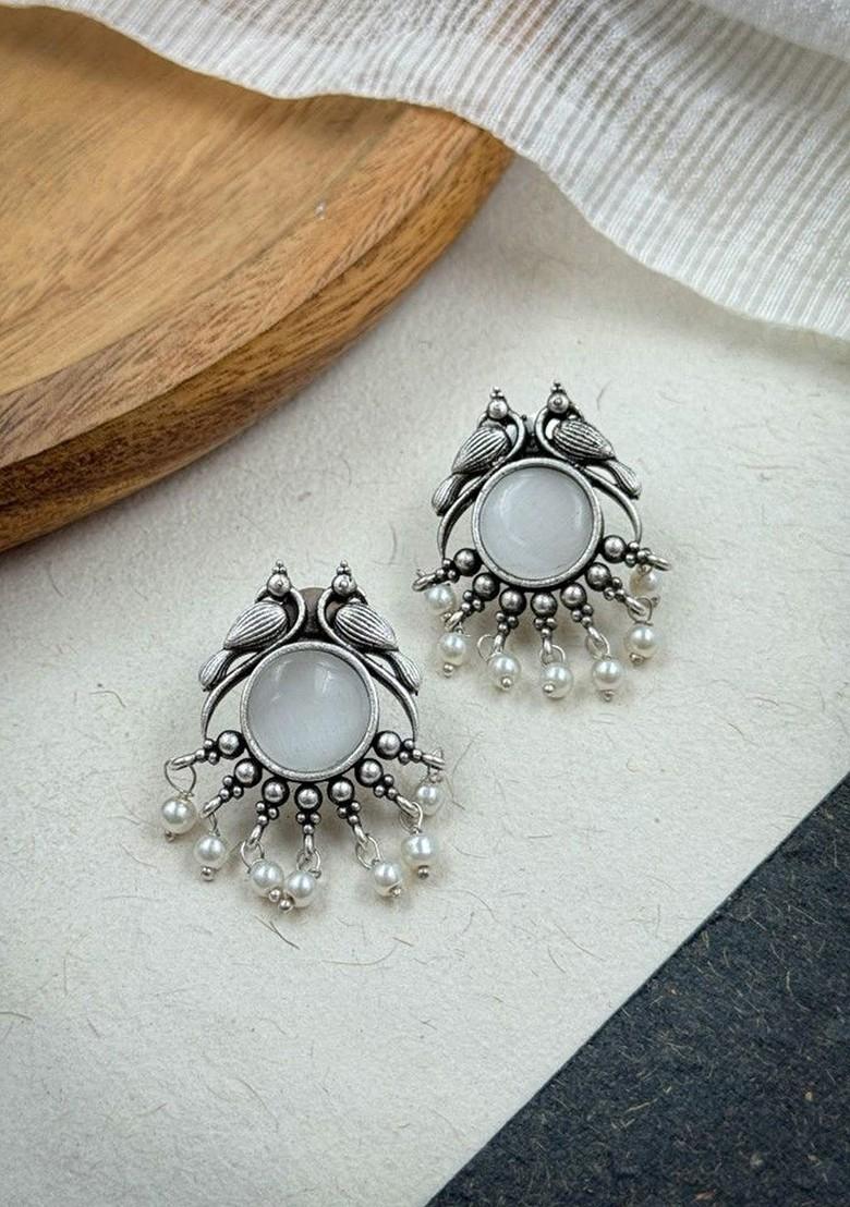 Silver Plated Stones Studded And Beaded Animal Shaped Oxidised Drop Earrings