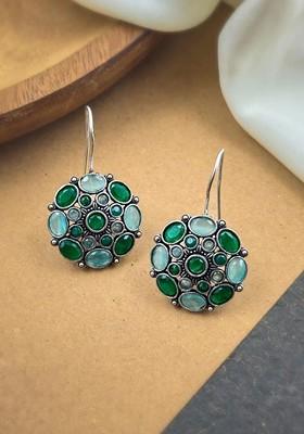 Silver Plated Artificial Stones Studded Circular Shaped Oxidised Drop Earrings