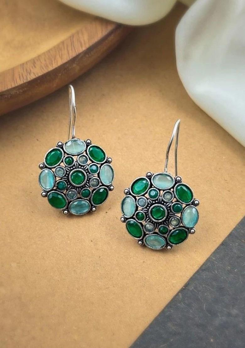 Silver Plated Artificial Stones Studded Circular Shaped Oxidised Drop Earrings