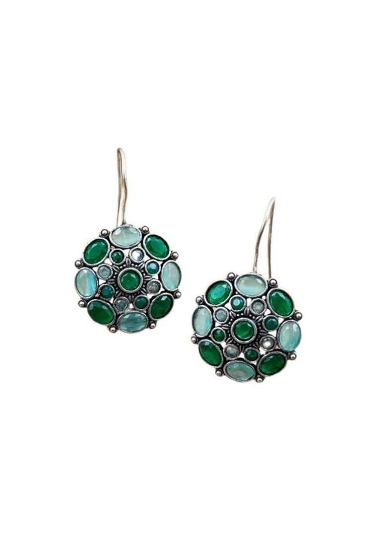 Silver Plated Artificial Stones Studded Circular Shaped Oxidised Drop Earrings