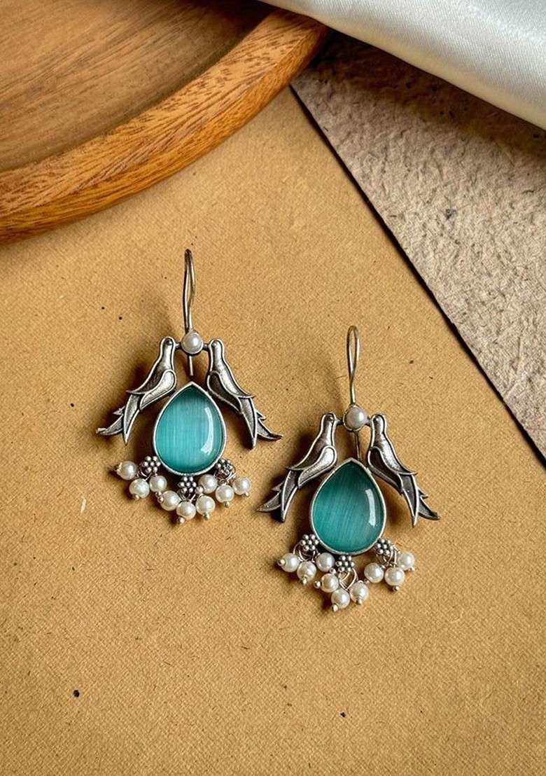 Silver Plated Stones Studded And Beaded Animal Shaped Oxidised Drop Earrings - Indya
