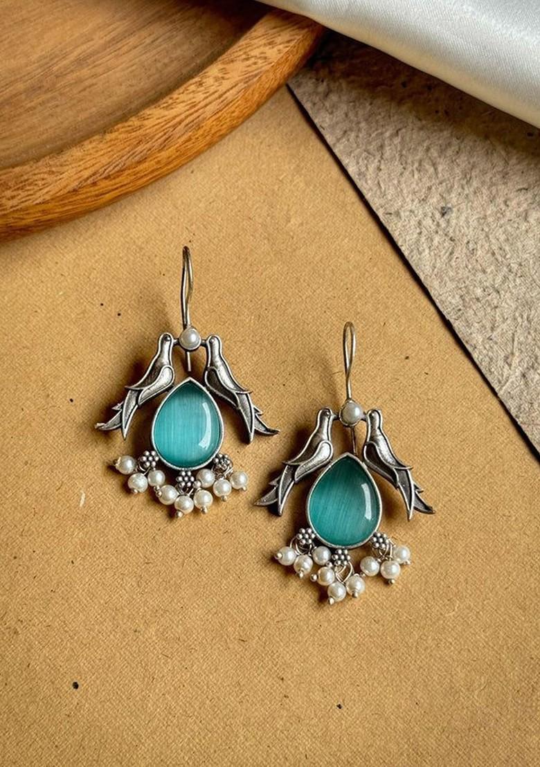 Silver Plated Stones Studded And Beaded Animal Shaped Oxidised Drop Earrings