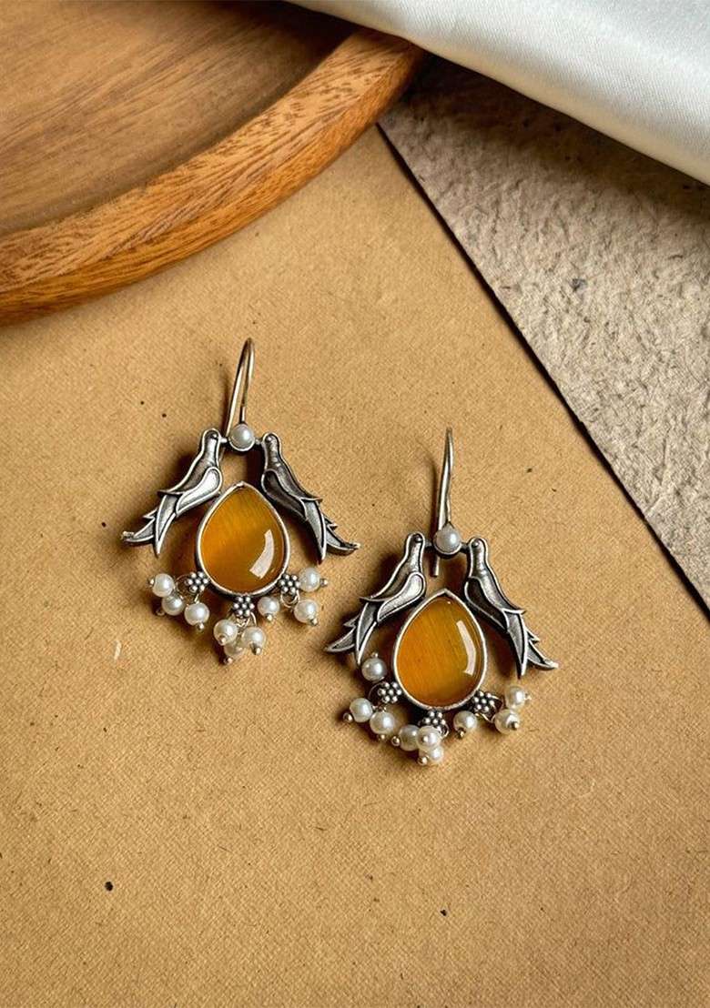 Silver Plated Stones Studded And Beaded Animal Shaped Oxidised Drop Earrings - Indya