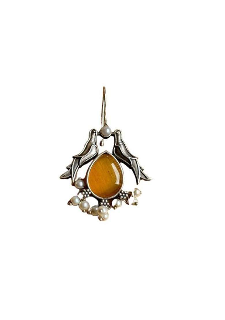 Silver Plated Stones Studded And Beaded Animal Shaped Oxidised Drop Earrings - Indya