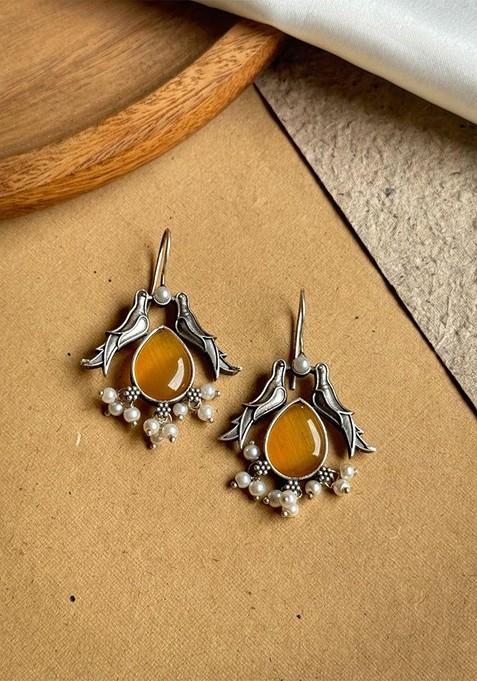 Silver Plated Stones Studded And Beaded Animal Shaped Oxidised Drop Earrings